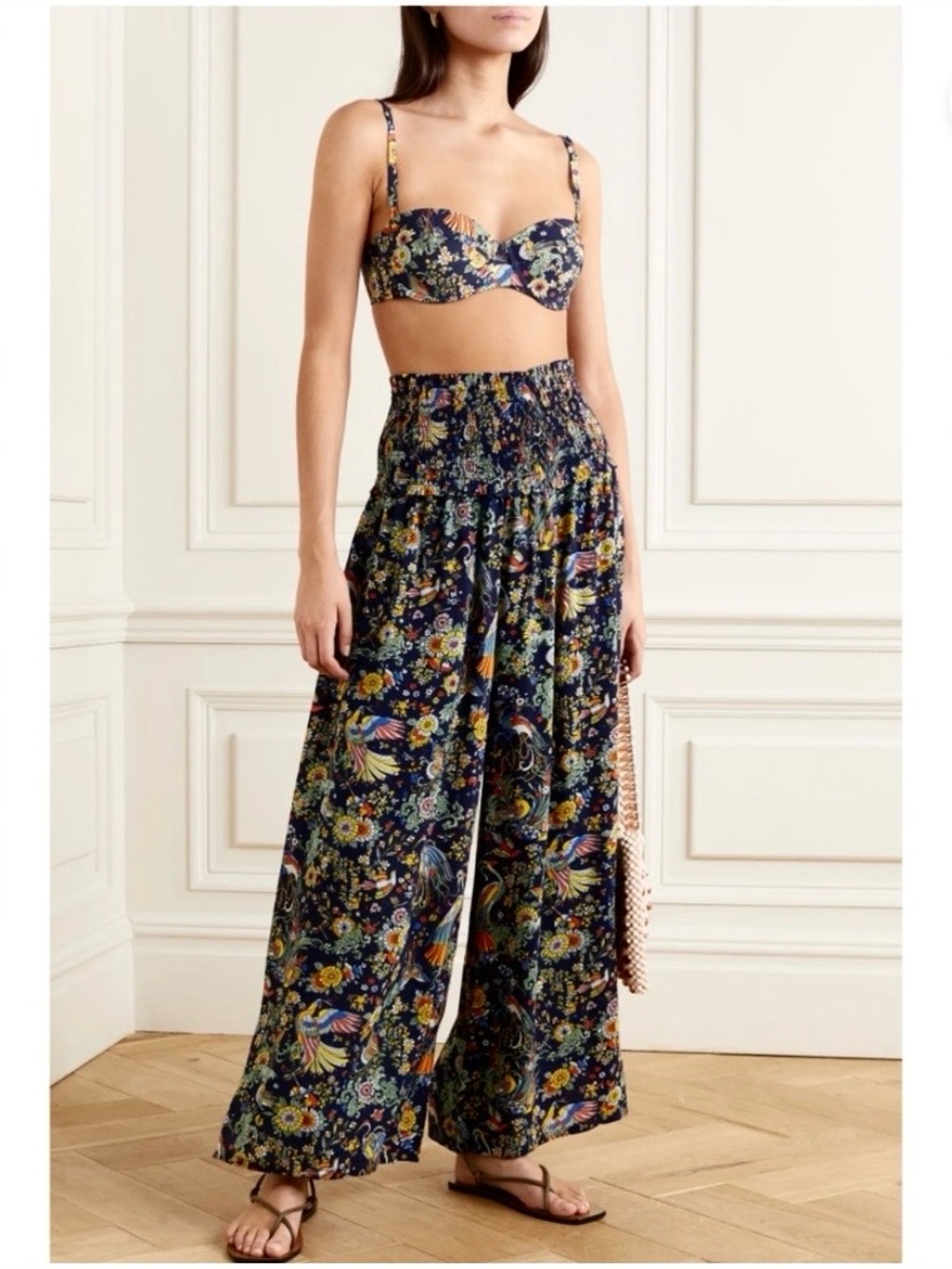 Tory Burch Navy Floral High-Waist Wide-Leg Palazzo Pants